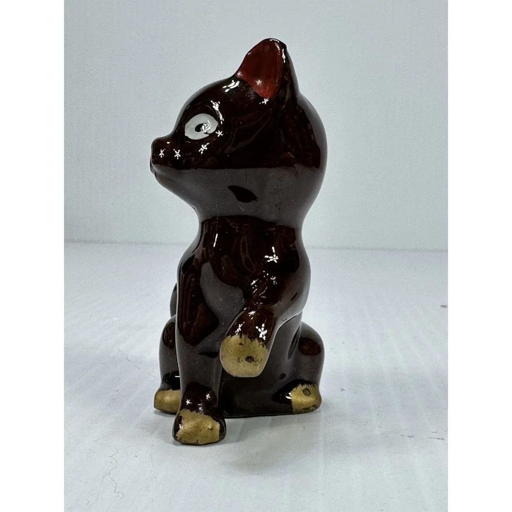 Vintage‎ Redware Japan Kitten Cat Figurine Red Ears Brown Glazed Trinket MCM